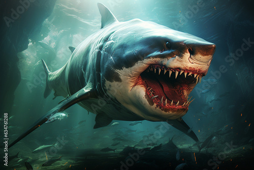 Megalodon shark, prehistoric sea creature, predator of pliocene, extinct species, generative AI 