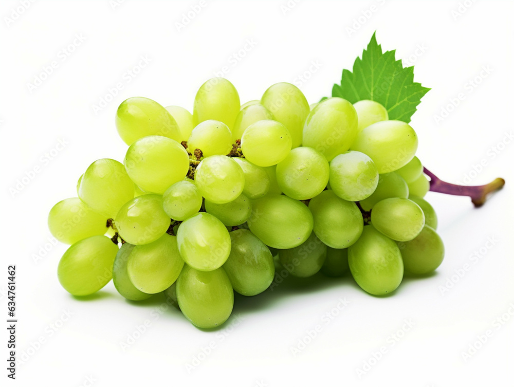 Green grape with leaf isolated on white background.