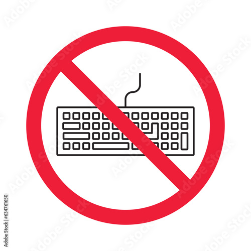 Forbidden keyboard vector icon. Warning, caution, attention, restriction, label, ban, danger. No keypad flat sign design pictogram symbol. No clavier icon
