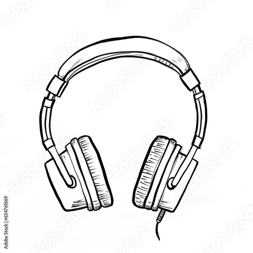 A simple black and white doodle of headphones with a freehand drawing method. Isolated on white background and minimal design.