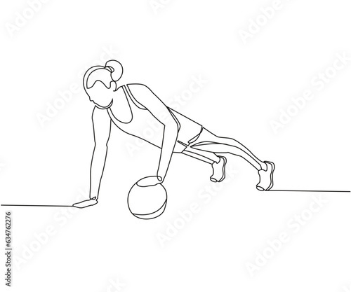 Alternating Single Arm Med Ball Push Up exercise Line Drawing, Alternating Med Ball Pushup one line art,  alternating single arm medicine ball push-ups floor exercises Continuous one line drawing