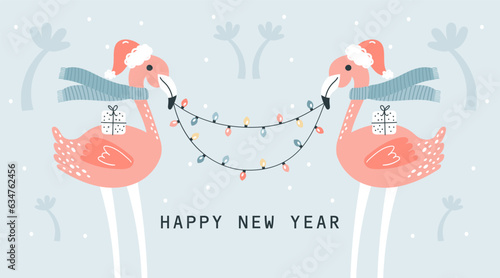Happy New Year  Flamingo   banner. Vector Hand drawn illustration
