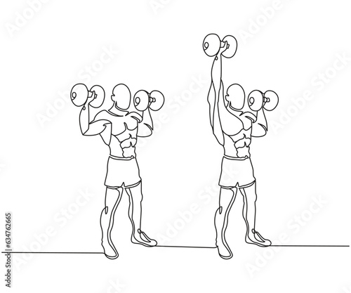 Dumbbell Shoulder Press exercise Line Drawing, Dumbbell Shoulder Press exercise, Top body workout, Continuous one line drawing, work out clip art,  workout fitness, Outline exercise illustration