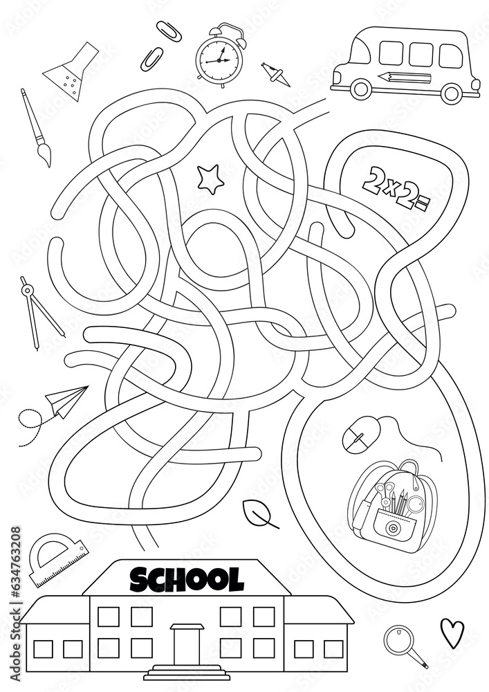 Vector maze isolated on white background. Help the school bus get to school. Education logic game labyrinth for kids. With the solution. Vector maze isolated on white background. Help the school bus get to school. Education logic game labyrinth for kids. With the solution.