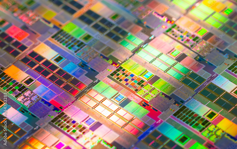 silicon wafer with microchips reflecting different colors. silicon wafer with microchips reflecting different colors.