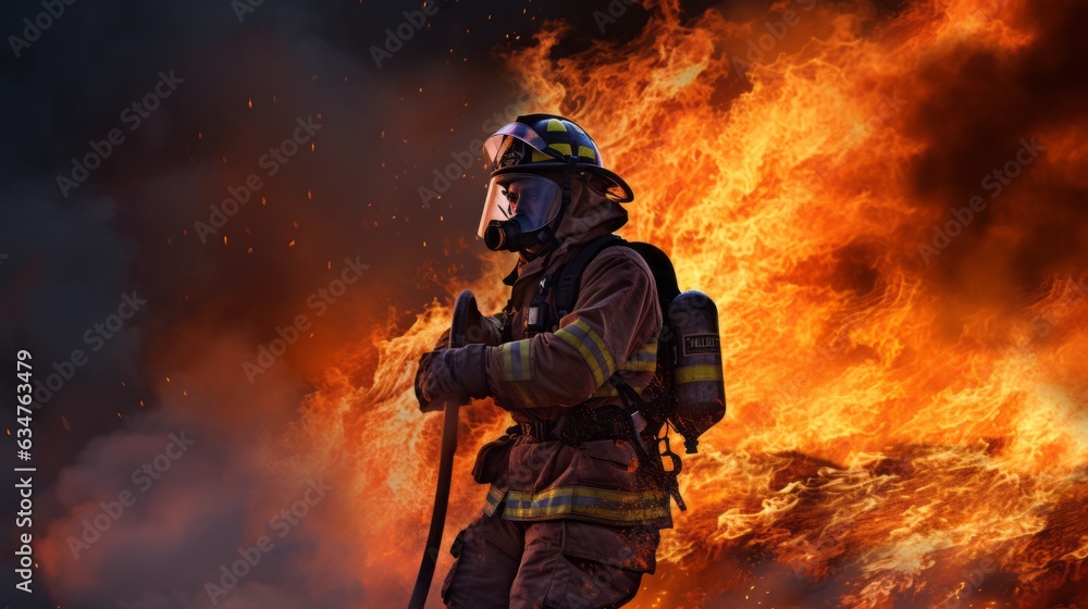Firefighter in a protective suit and helmet with a burning fire in the background. Firefighter in the forest. Illustration with fire and flames. Firefighter fighting a fire in the forest.