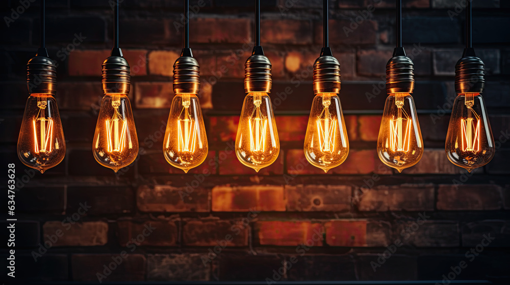 glowing lightbulbs hang on cords from the ceiling below in the background is a brick wall. glowing lightbulbs hang on cords from the ceiling below in the background is a brick wall.