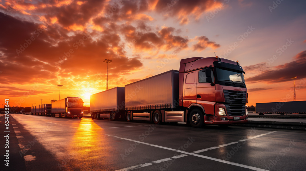 Trucks at a truck stop at dramatic sunset.