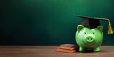 Green piggy bank wearing graduation hat in front of green chalkboard with copy space. Scholarship savings concept background.