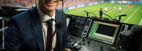 a sports commentator in a large soccer stadium comments on a sporting event. photo