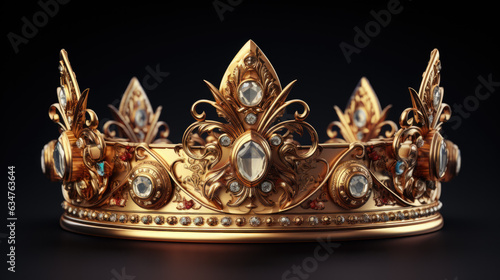A gold crown with diamond gems isolated on dark background. medieval kings and noble people concept.