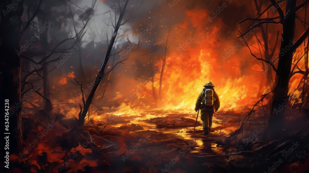 Firefighter extinguishing a fire. Firefighter in a protective suit and helmet with a burning forest fire in the background. Dangerous Firefighter job, a rescue mission in the middle of a forest fire. Firefighter extinguishing a fire. Firefighter in a protective suit and helmet with a burning forest fire in the background. Dangerous Firefighter job, a rescue mission in the middle of a forest fire.