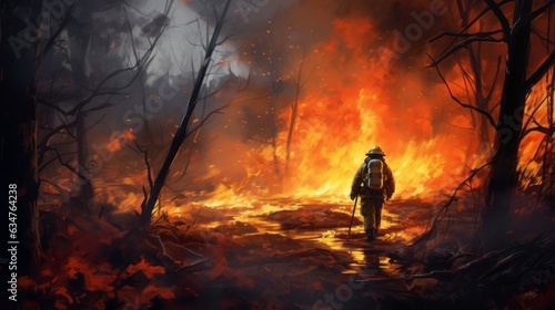 Firefighter extinguishing a fire. Firefighter in a protective suit and helmet with a burning forest fire in the background. Dangerous Firefighter job, a rescue mission in the middle of a forest fire.