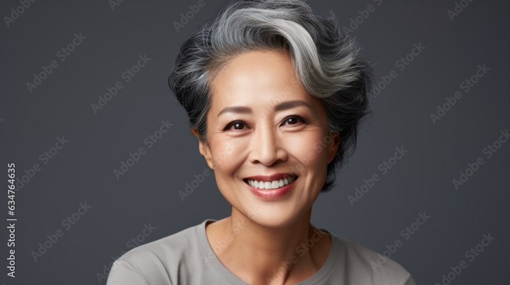 Close-up portrait of a beautiful and happy middle-aged Asian woman. Senior woman in her 50s looking Close-up portrait of a beautiful and happy middle-aged Asian woman. Senior woman in her 50s looking