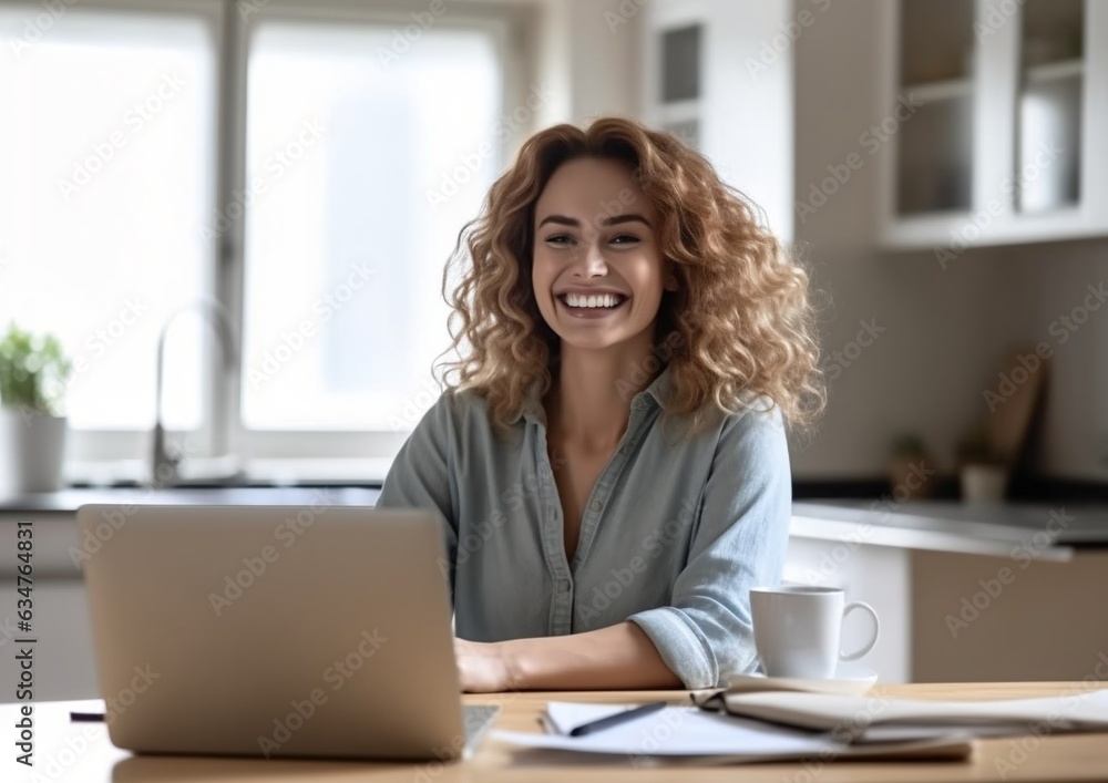 Happy woman working from home, generative ai