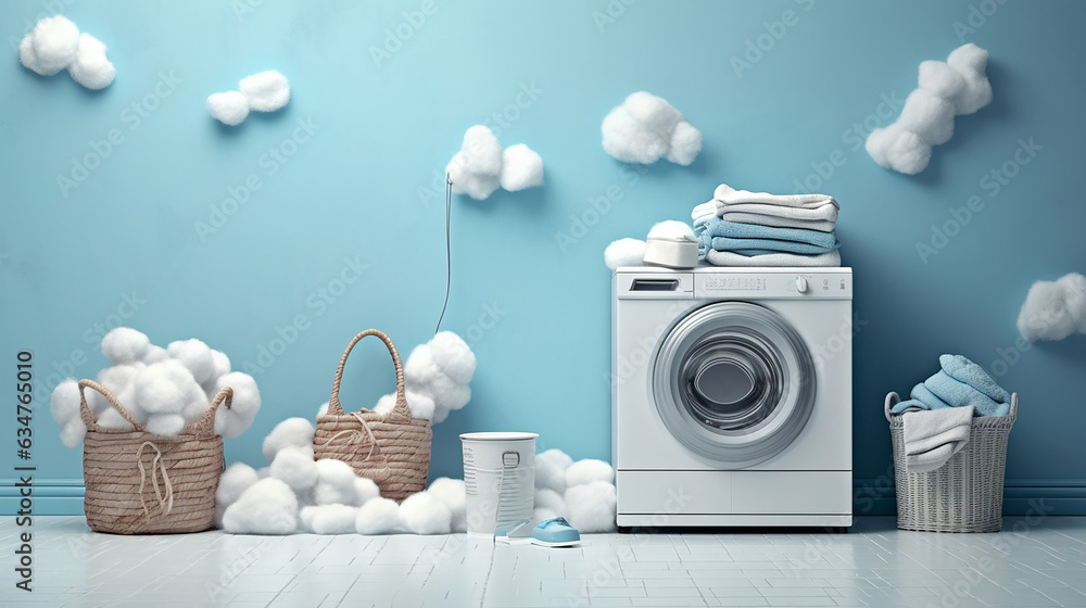 Dreamy laundry room with a lot of clothes clean in a clothes line a washer and a dryer - obrazy, fototapety, plakaty 