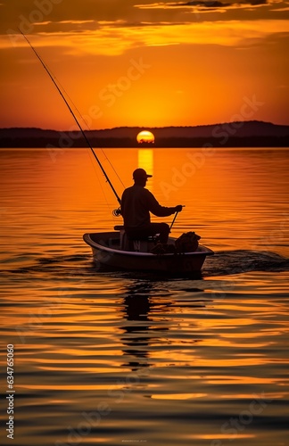 Fisherman on a boat at sunrise, generative ai © inspiretta