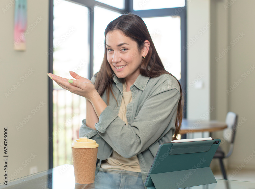young pretty woman smiling cheerfully and casually pointing to copy space on the side, feeling happy and satisfied young pretty woman smiling cheerfully and casually pointing to copy space on the side, feeling happy and satisfied