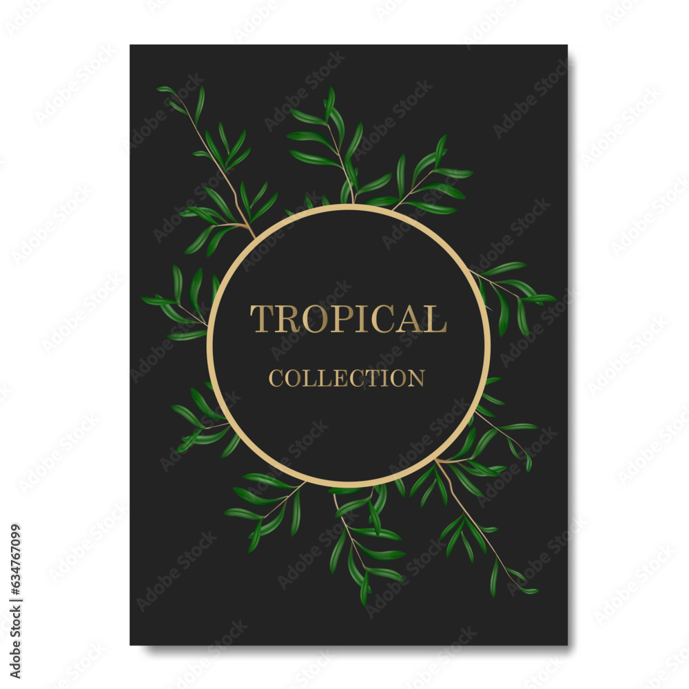 Vector banners with green tropical leaves, jungle. Exotic botanical suitable for posters, greeting cards, banners or, invitations on a black background Vector banners with green tropical leaves, jungle. Exotic botanical suitable for posters, greeting cards, banners or, invitations on a black background