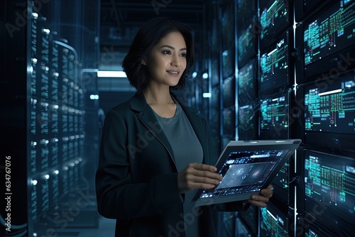 Collection and storage of large amounts of data. A young Asian woman stands in a server room with a tablet PC, controls the smooth operation of all servers.