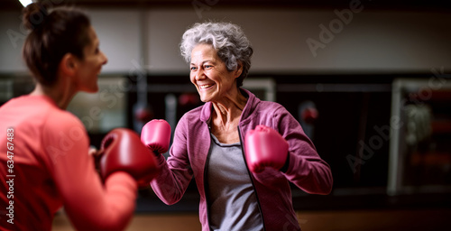 Senior woman boxer, displaying vitality and resilience, practicing with her coach. A confident expression of strength, active exercise, challenging stereotypes. © InputUX