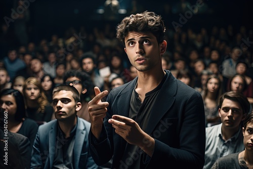 A young man asks a lecturer a question in a large lecture hall. He is trying to argue a different point of view from the lecturer. Think with your head. Critical thinking.