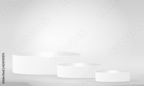 White realistic 3d cylinder pedestal podium with pastel in semi circle backdrop. Abstract vector rendering geometric platform. Product display presentation. Minimal scene.