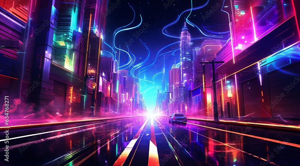 futuristic light rays and colorful lights in city