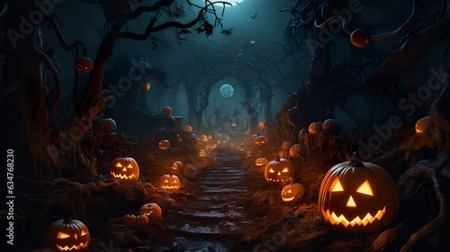 halloween pumpkins in dark spooky forest and valley, halloween concept, generative ai