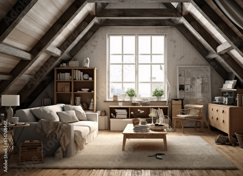 Modern interior design Triangle attic room in modern vintage style