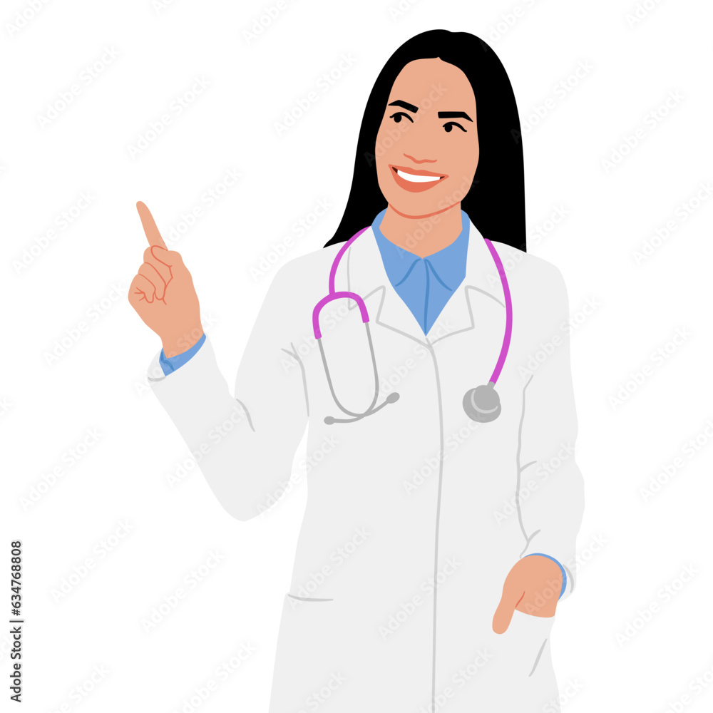 Hand drawn female healthcare worker. Happy smiling doctor in white coat with stethoscope. Medical worker pointed sideways. Vector flat style illustration set isolated on white Hand drawn female healthcare worker. Happy smiling doctor in white coat with stethoscope. Medical worker pointed sideways. Vector flat style illustration set isolated on white