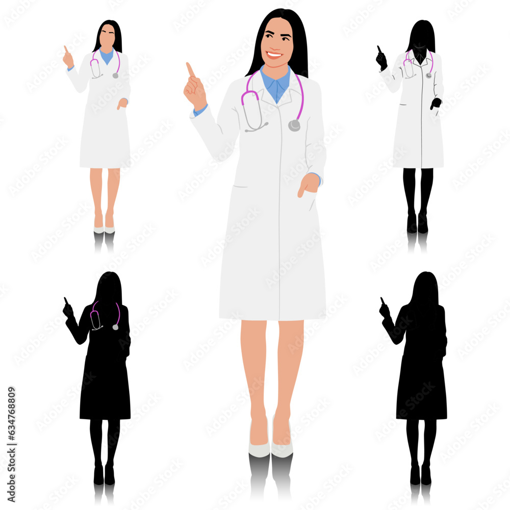 Hand drawn female healthcare worker. Happy smiling doctor in white coat with stethoscope. Medical worker pointed sideways. Vector flat style illustration set isolated on white Hand drawn female healthcare worker. Happy smiling doctor in white coat with stethoscope. Medical worker pointed sideways. Vector flat style illustration set isolated on white