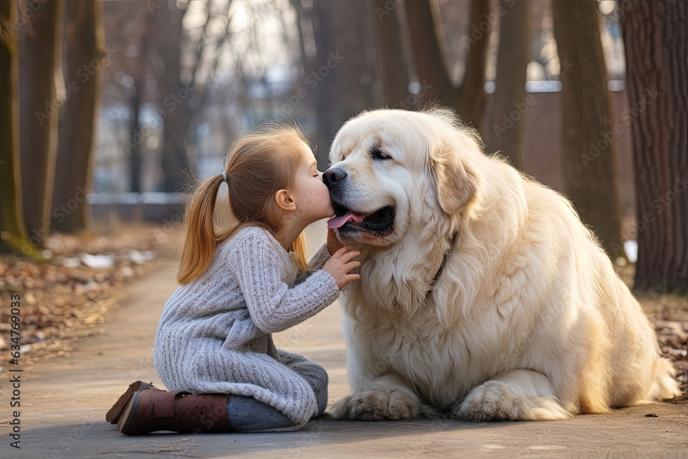 Happy little girl kissing her best friend, a big dog in nose outdoors. Love to pets concept.