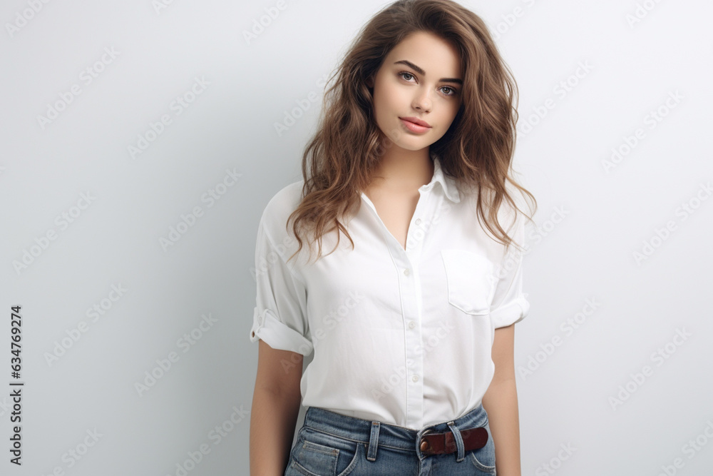 female college student on a gray background with white shirt female college student on a gray background with white shirt
