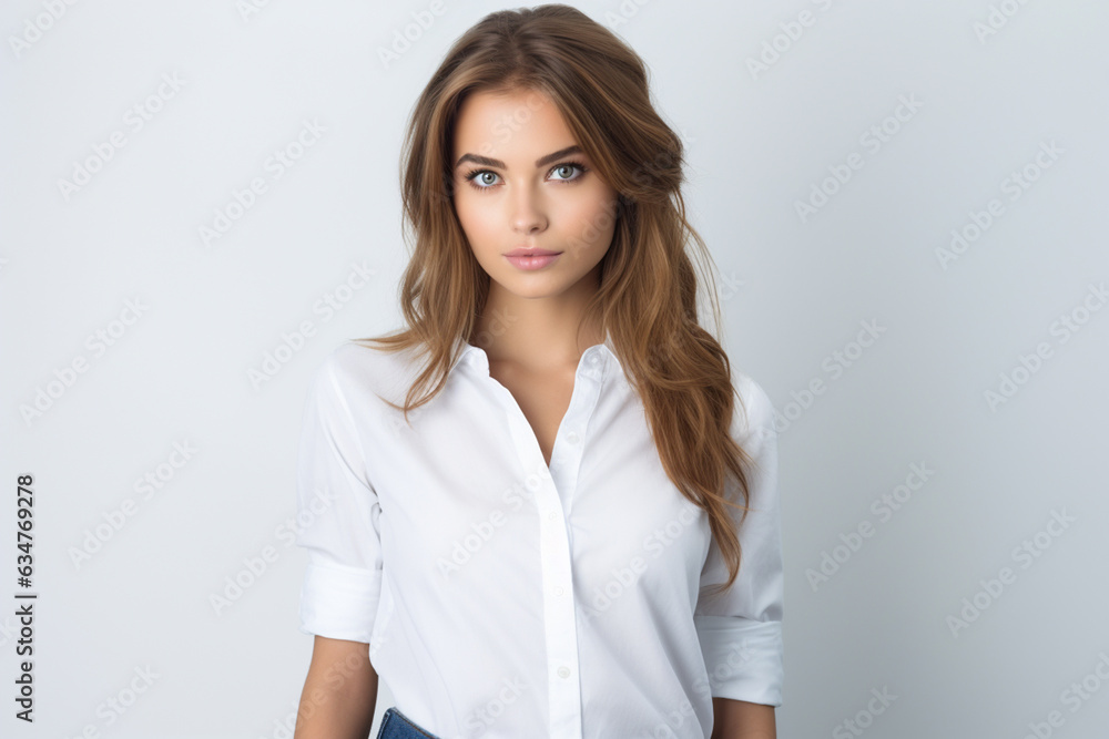 female college student on a gray background with white shirt female college student on a gray background with white shirt