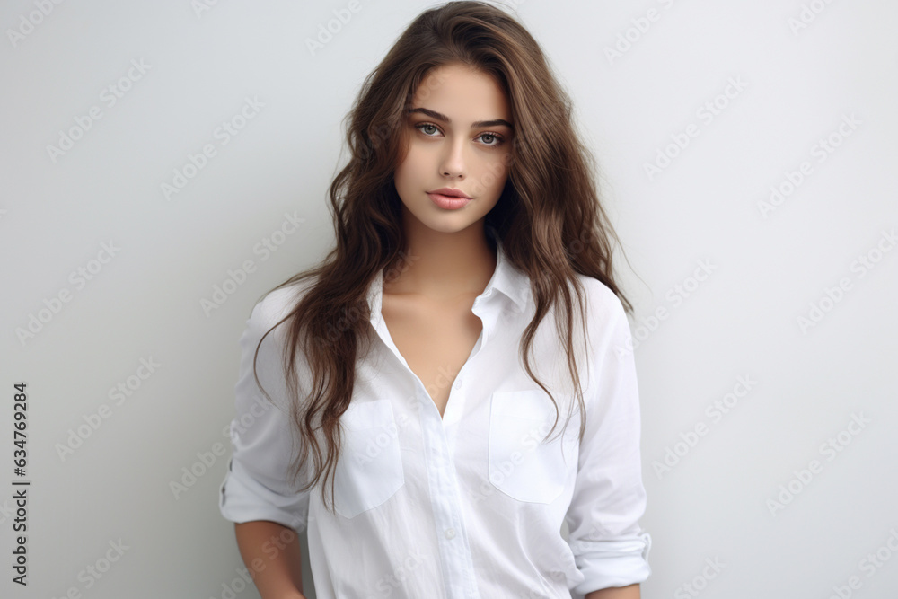 female college student on a gray background with white shirt