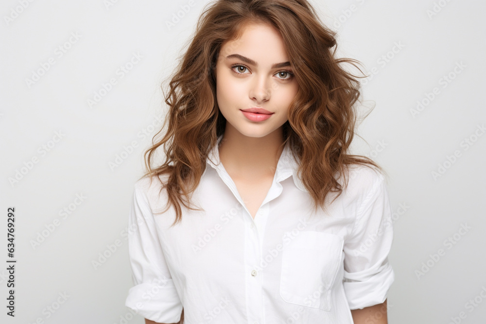 female college student on a gray background with white shirt female college student on a gray background with white shirt