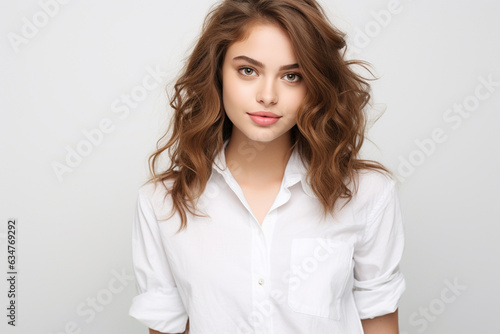 female college student on a gray background with white shirt