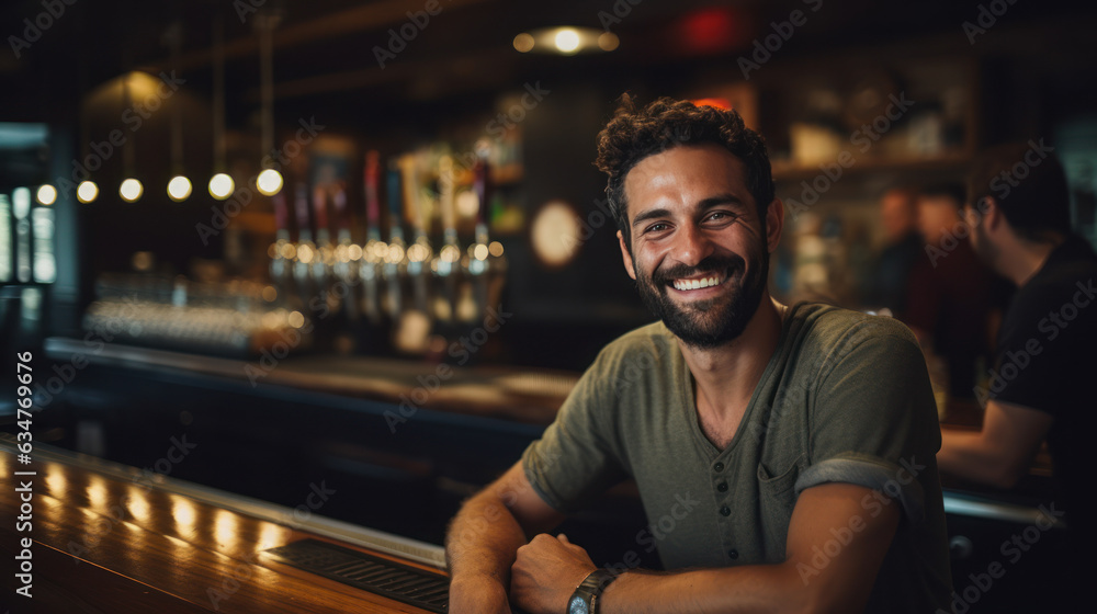 Cool male bartender serving craft beer at the bar - obrazy, fototapety, plakaty 
