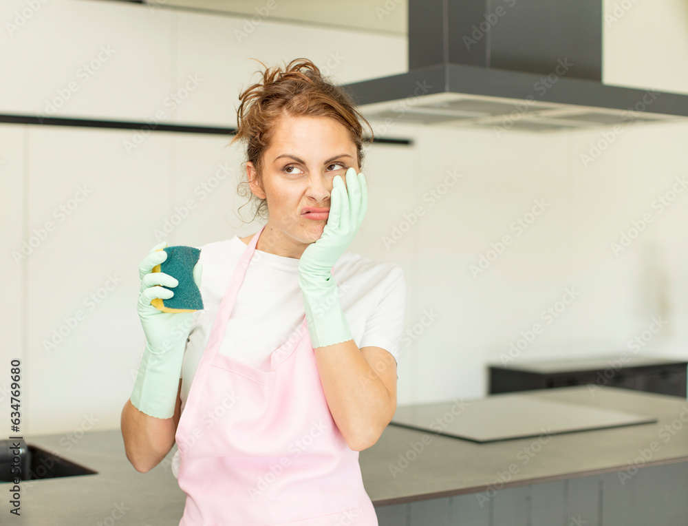 young pretty woman feeling bored, frustrated and sleepy after a tiresome. housekeeper concept young pretty woman feeling bored, frustrated and sleepy after a tiresome. housekeeper concept
