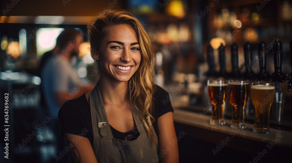 smart female bartender serving craft beer at the bar smart female bartender serving craft beer at the bar