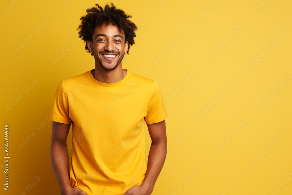 a man dressed in yellow t shirt is smiling against a background a man dressed in yellow t shirt is smiling against a background