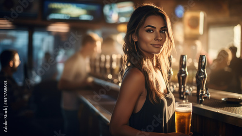 smart female bartender serving craft beer at the bar