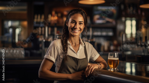 smart female bartender serving craft beer at the bar