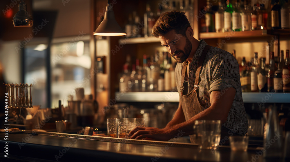 Close-up bartender make shaking drinker at Bar the interior Close-up bartender make shaking drinker at Bar the interior