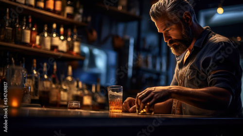 Close-up bartender make shaking drinker at Bar the interior