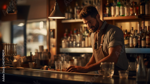Close-up bartender make shaking drinker at Bar the interior