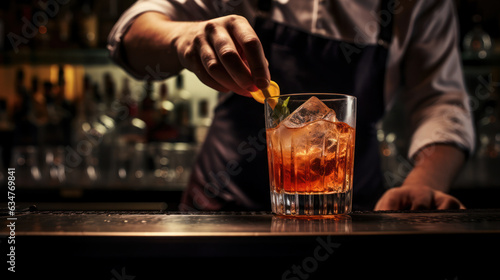 Professional bartender in black apron pours drink from shaker into glass photo