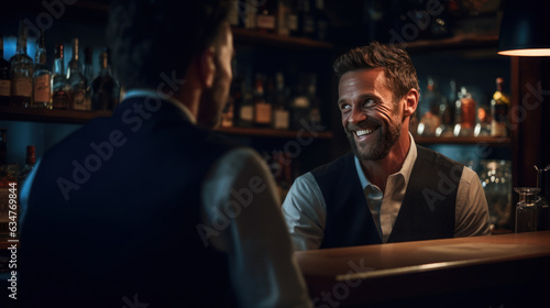 Close-up bartender talking with customer at Bar the interior