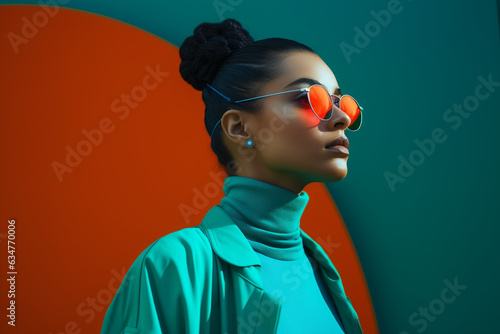  a woman wearing glasses and a headband is posing on a colorful background